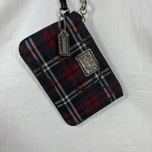 Coach Poppy Small Tartan Plaid Zip‎ Wristlet 
Black Red Silver Navy Style 46572